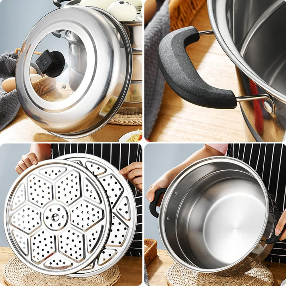 Steamer Pot 11inch Steam Pots for Cooking Steamer Pot with Lid 3-tier Multipu...