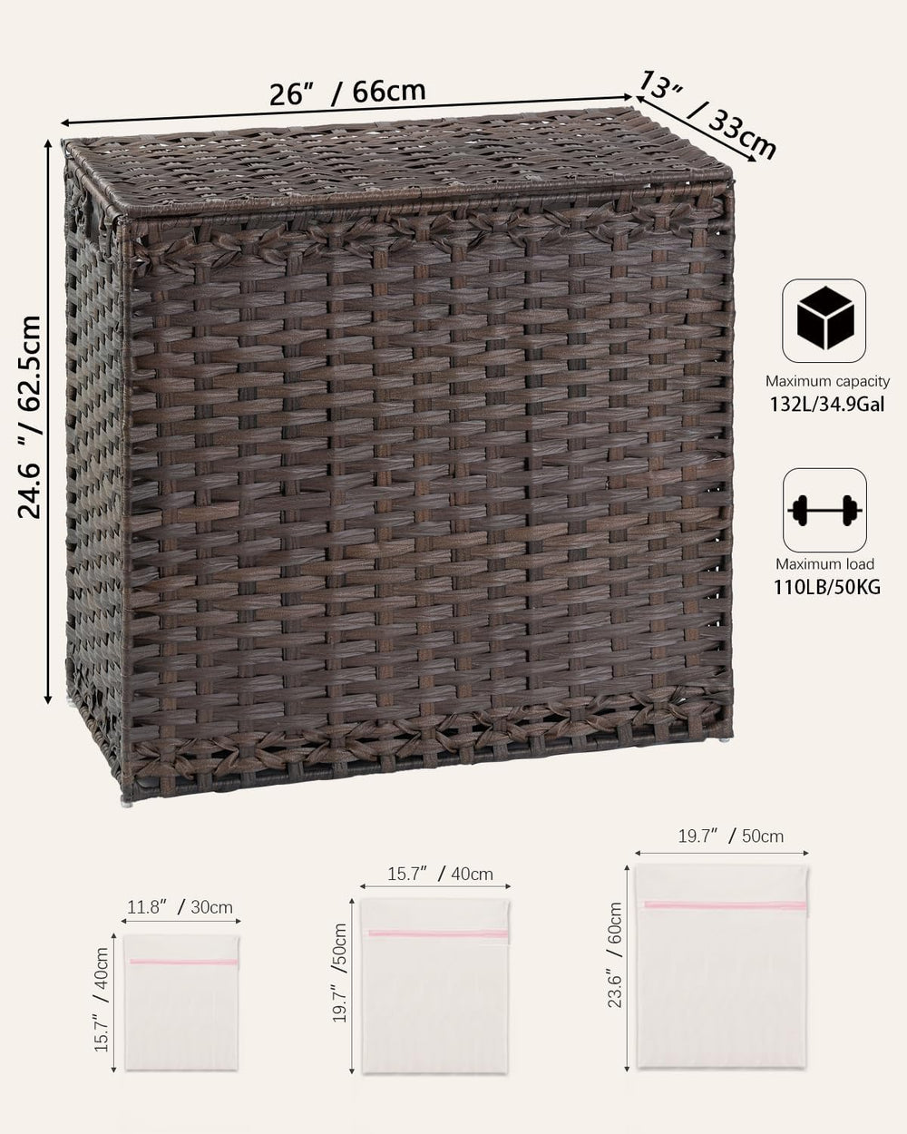 SETVSON Laundry Hamper with Lid Laundry Basket 132 L PE Rattan, Brown