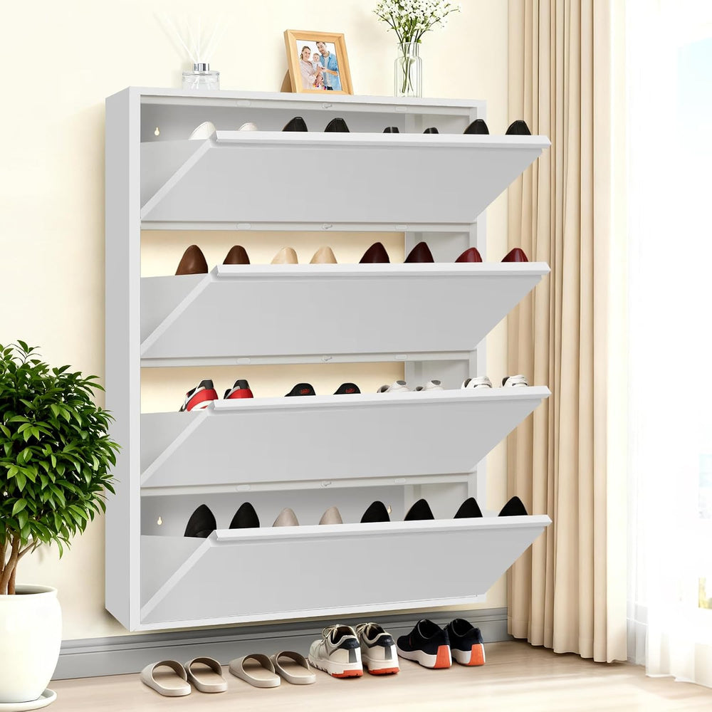 Shoe Storage Cabinet with 4 Flip Drawers, Hidden Slim Narrow Shoe Rack Cabine...