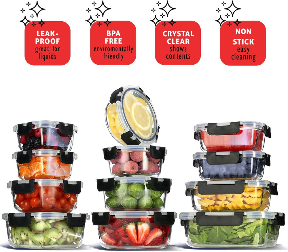 EATEX 48pc Glass Storage Containers with Lids, 24 Set Glass Food Storage Cont...