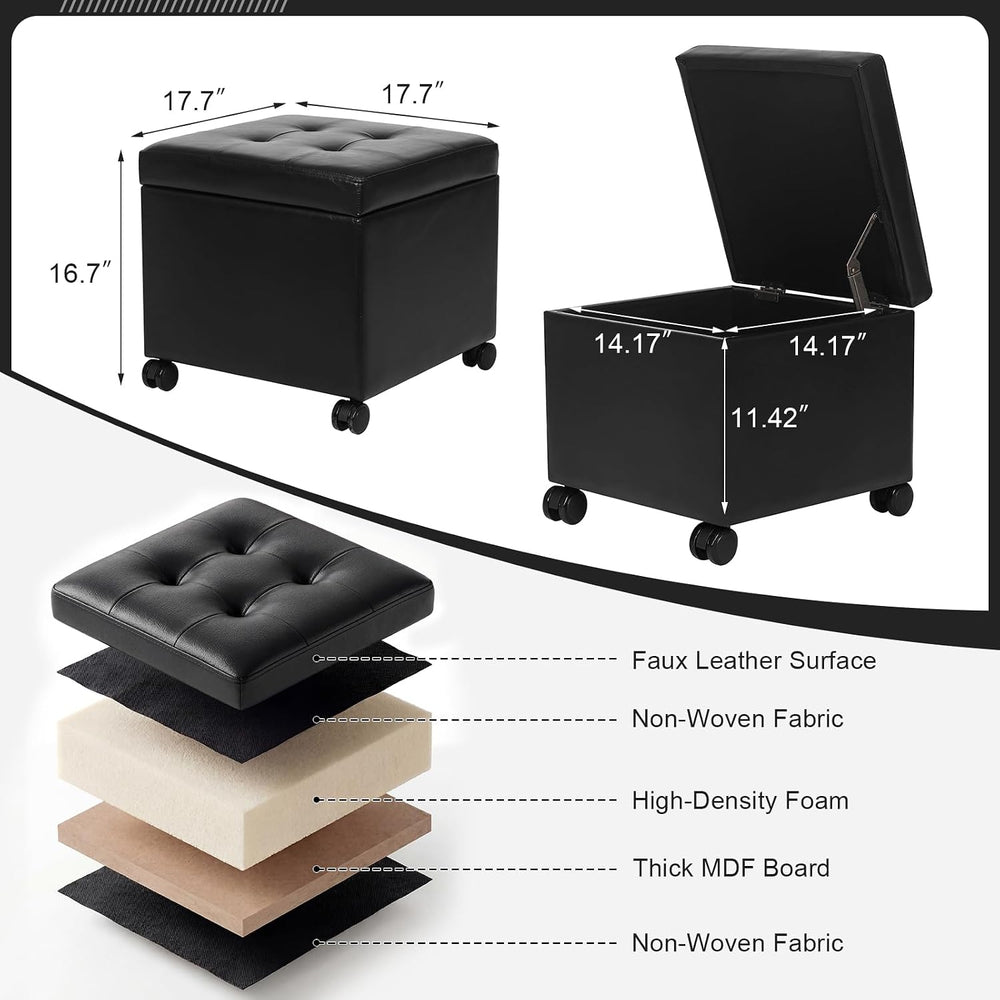 Homebeez 18" Square Storage Ottoman with Wheels, Tufted Faux Leather Cube