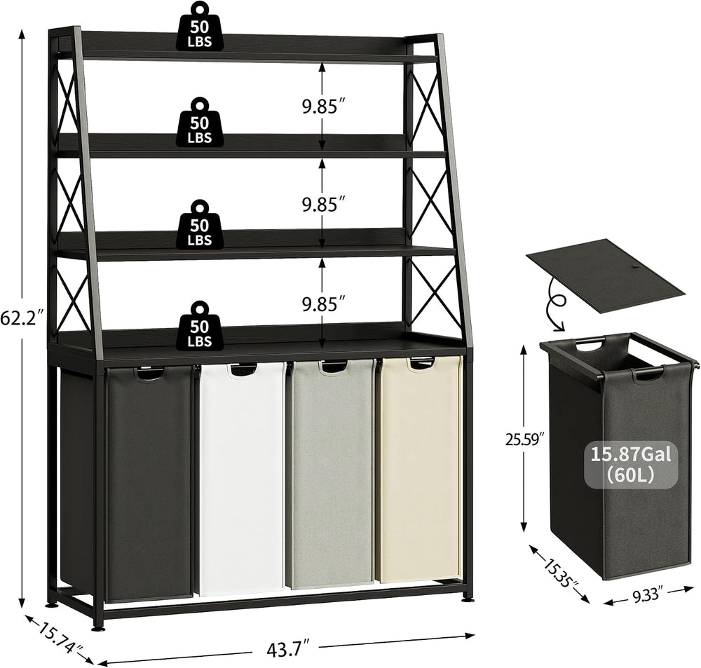 Herture Laundry Basket, 4 Section Laundry Hamper with 4 Tiers Shelf, Pull-Out...