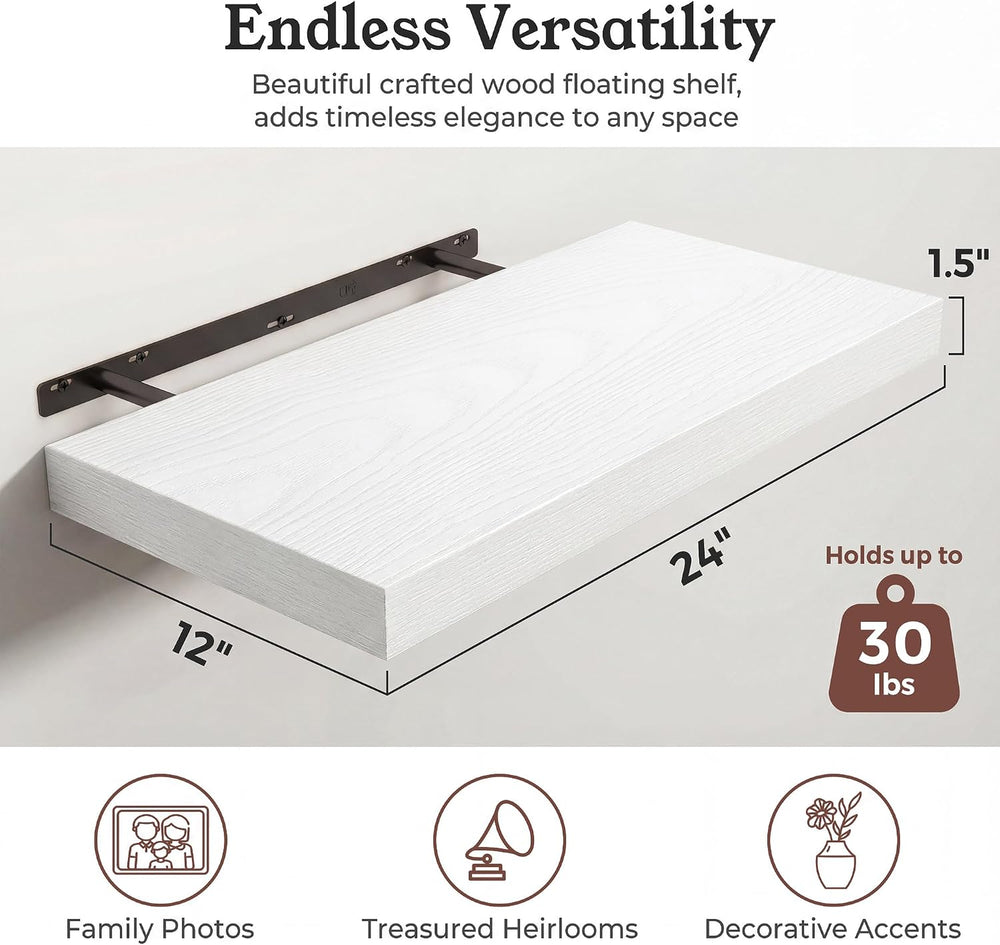 24" White Floating Shelves 12inch Deep Wall Shelf, Set of 2
