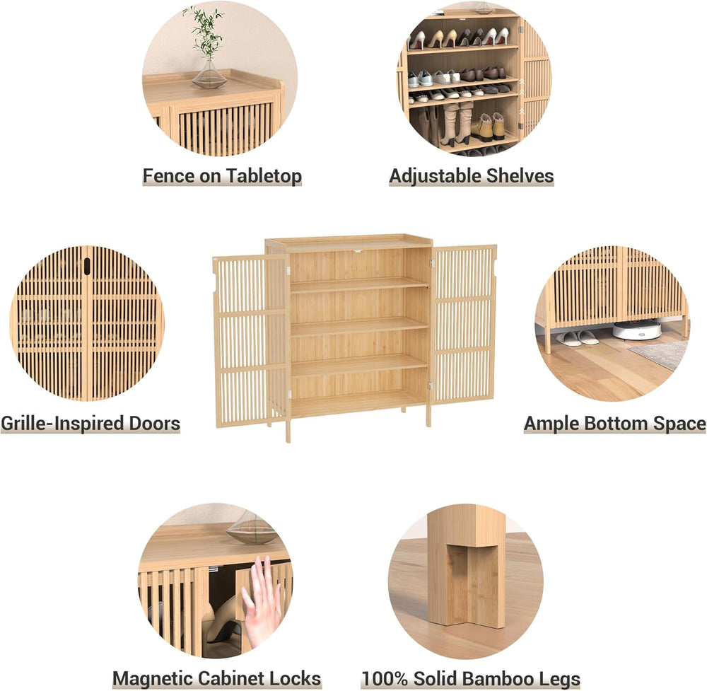 Shoe Storage Cabinet for Entryway, 5-Tier Bamboo Shoe Organizer with Doors