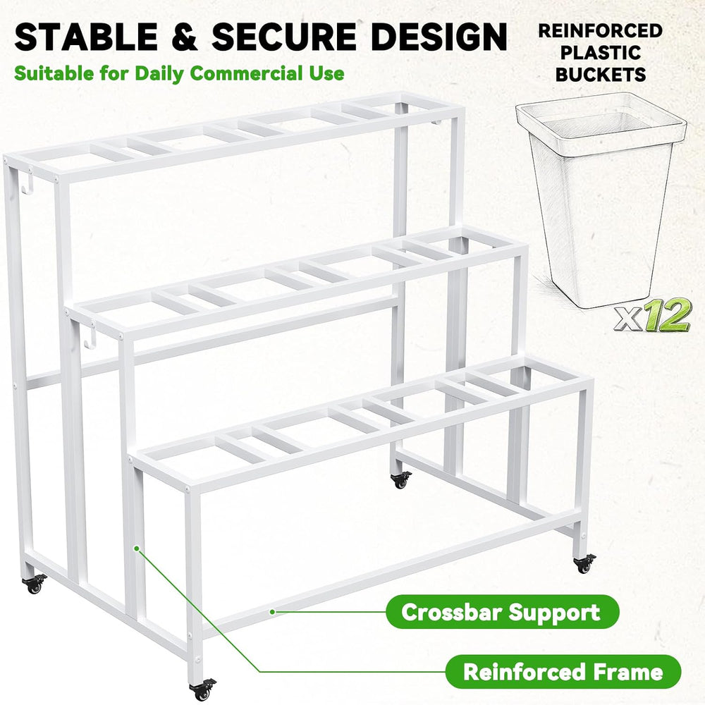 Flower Display Stand with 12 Buckets & Wheels – 3-Tier Mobile Flower Cart...
