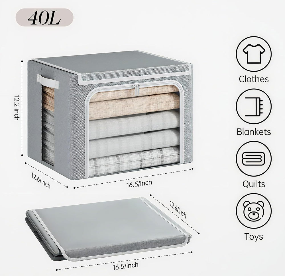 Yecaye Stackable Clothes Storage Bins with Lid, Grey, 40L, 6 Pack