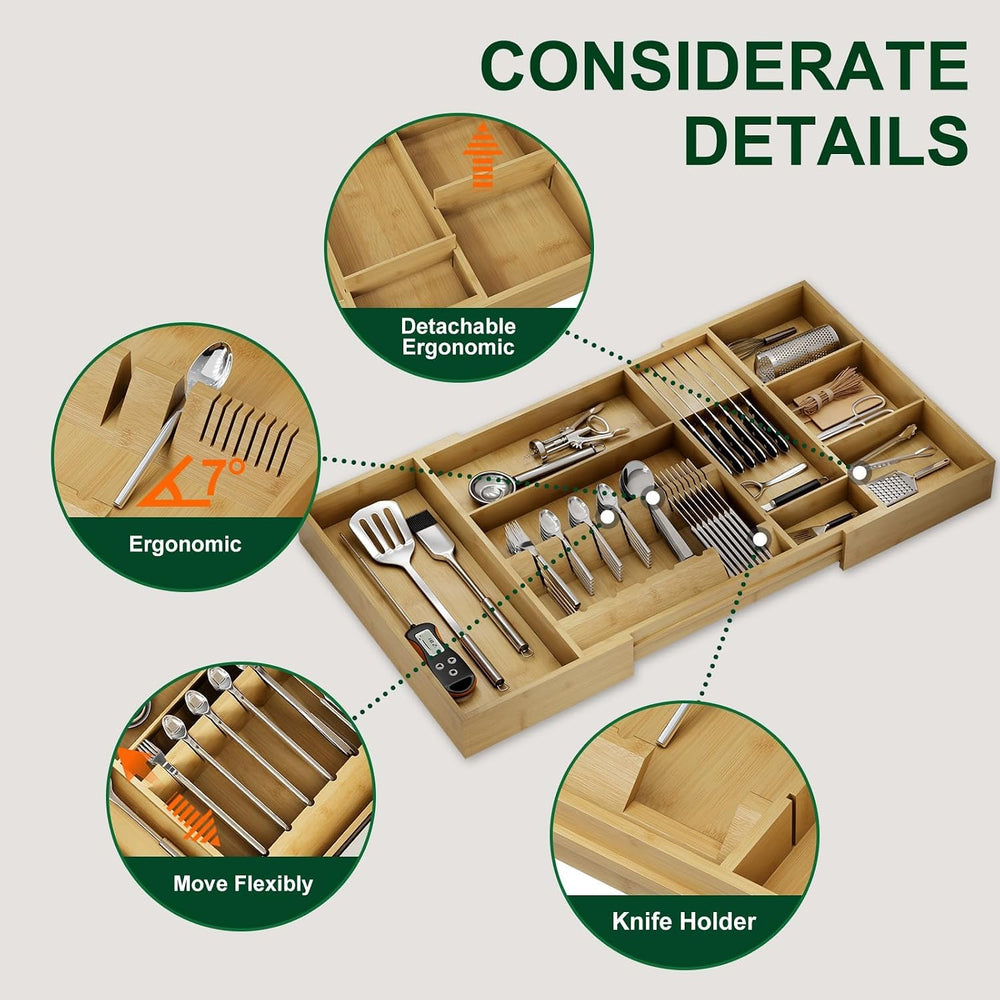 Bamboo Silverware Drawer Organizer, 17.72-29.53 Inch Expandable Large Kitchen...