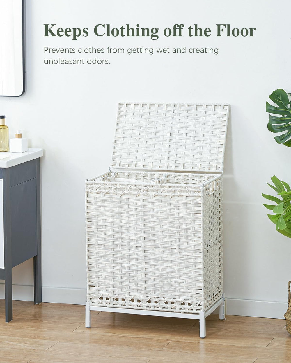 SETVSON Laundry Hamper with Lid, 112 L Handwoven Rattan, Cloud White
