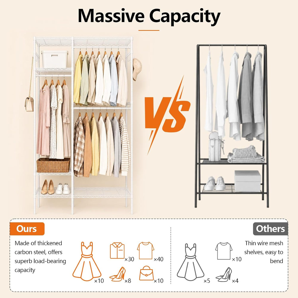 Clothes Rack with Adjustable Wire Shelves & Hanging Rods, White