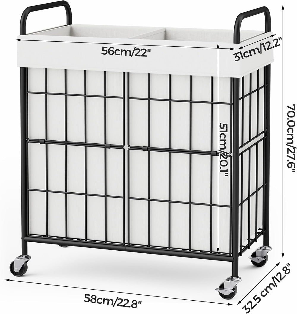 100L 2-Section Laundry Hamper with Wheels, Laundry Basket with Liner Bag