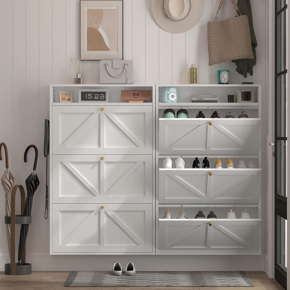 Modern Slim Shoe Organizer, 3 Flip Shoe Cabinet with Open Storage, Narrow Sho...