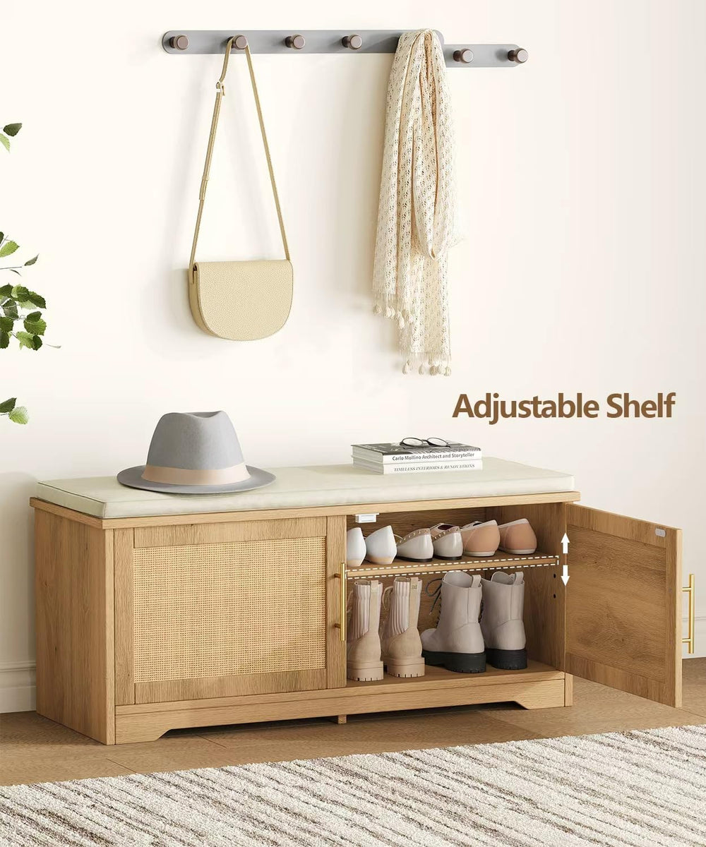 Rattan Shoe Storage Bench, 39.4" Wide Entryway Bench, Natural Oak