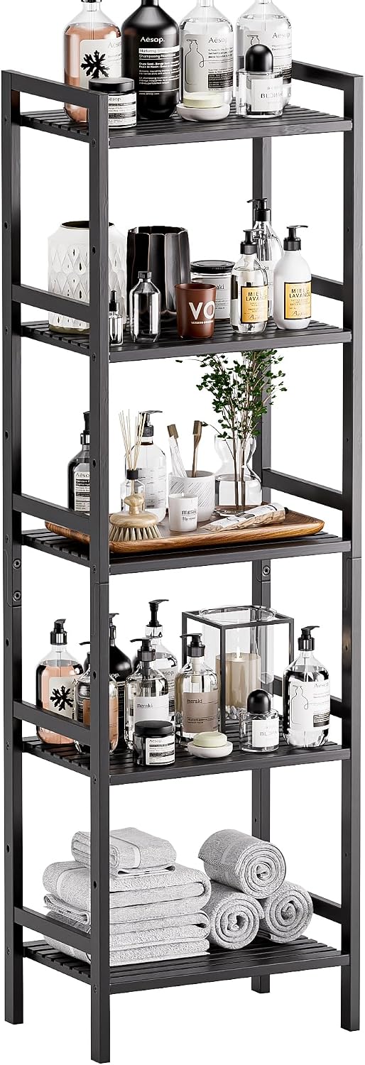 HITNET 5 Tier Narrow Bookshelf, Bamboo Bookcase, Slim Tall Storage Rack Free ...