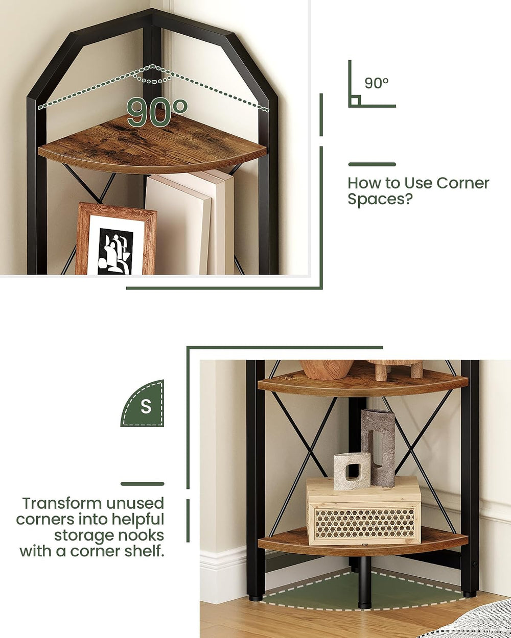 59.4" Corner Shelf, 5-Tier Industrial Corner Bookshelf, Corner Storage S...