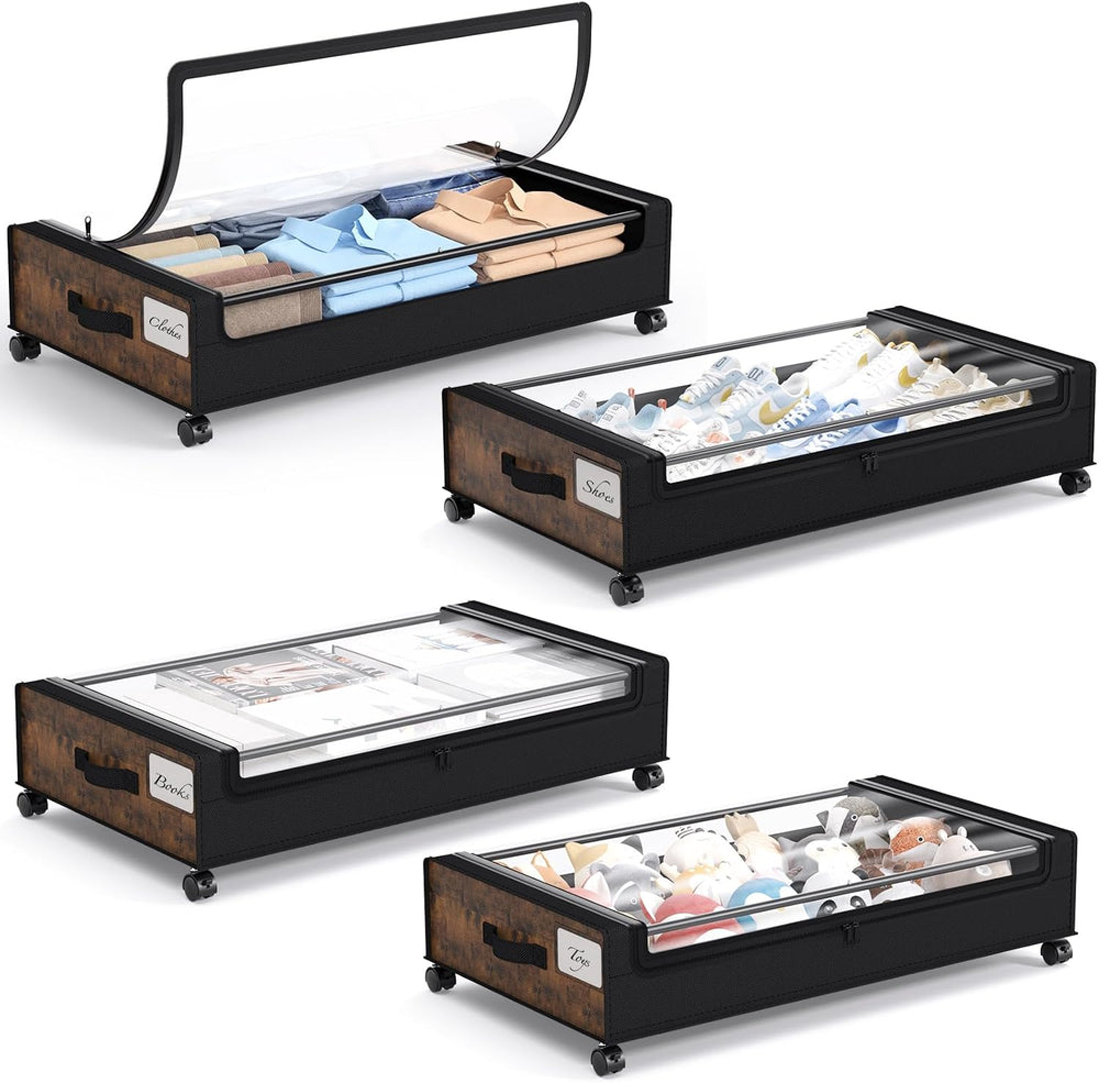 Yecaye Under Bed Storage with Wheels, 4 Pack Under Bed Storage Containers, Un...