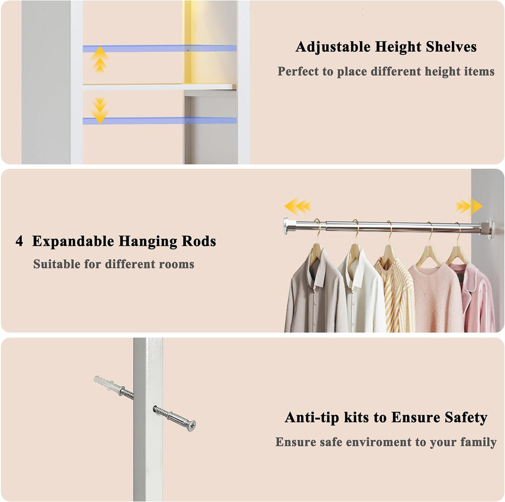100'' Closet System with 4 Hanging Rods & LED Lights, 2-8 FT Wood...