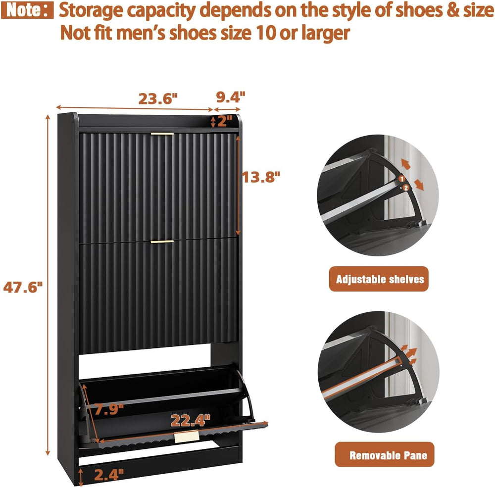 Black Fluted Slim Shoe Cabinet Storage with 3 Flip Drawers for Entryway
