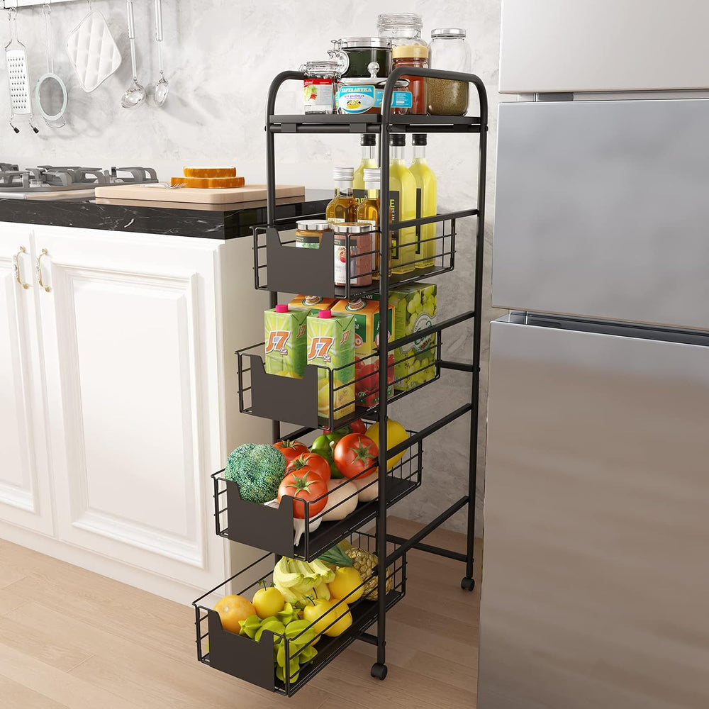 WHIFEA 5 Tier Slim Rolling Cart with Pull-Out Drawers, Multi-Layer Narrow Sto...