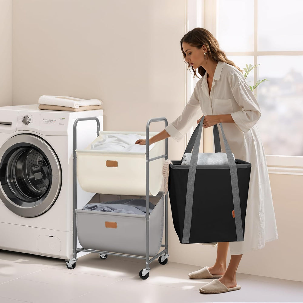 STORAGE MANIAC 80 Liters Vertical Rolling Laundry Hamper, 2 Section Laundry S...