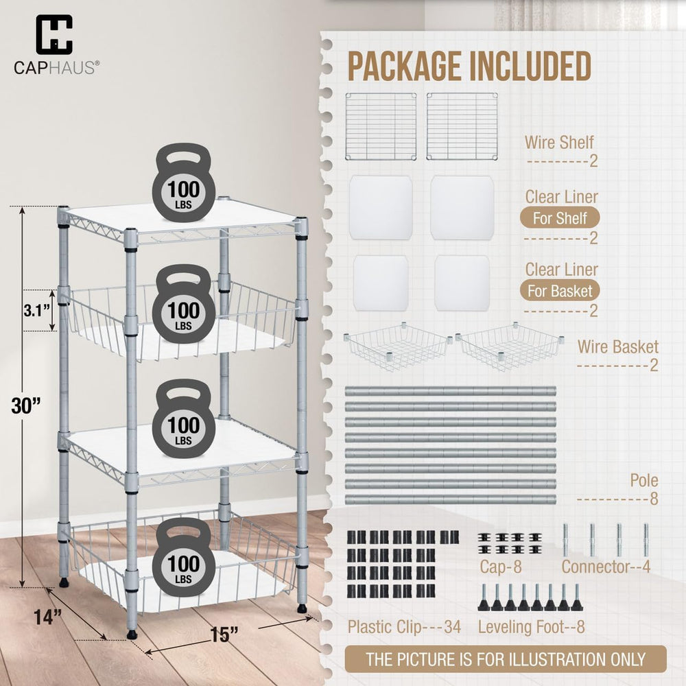 Fencer Wire NSF 2 to 4 Tier Stackable Wire Shelving Unit w/Baskets & Line...