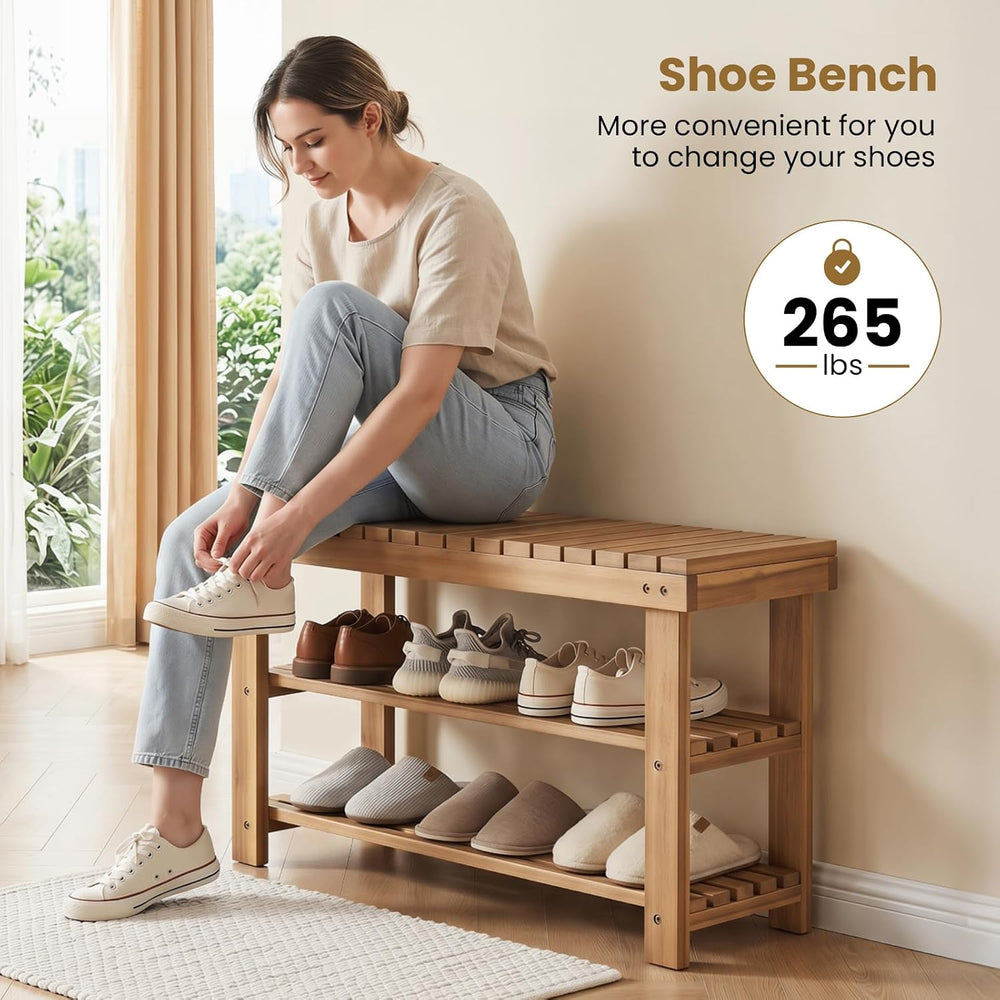 GOFLAME Wooden Shoe Rack Bench, 3-Tier Free Standing Entryway Bench Seat with...