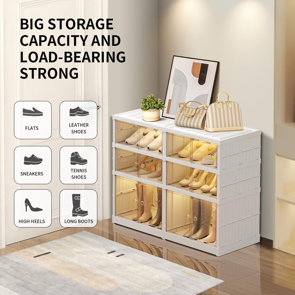 EHAMILY 3-Tier Foldable Shoe Rack Organizer, Magnetic Doors, 12 Pairs,White