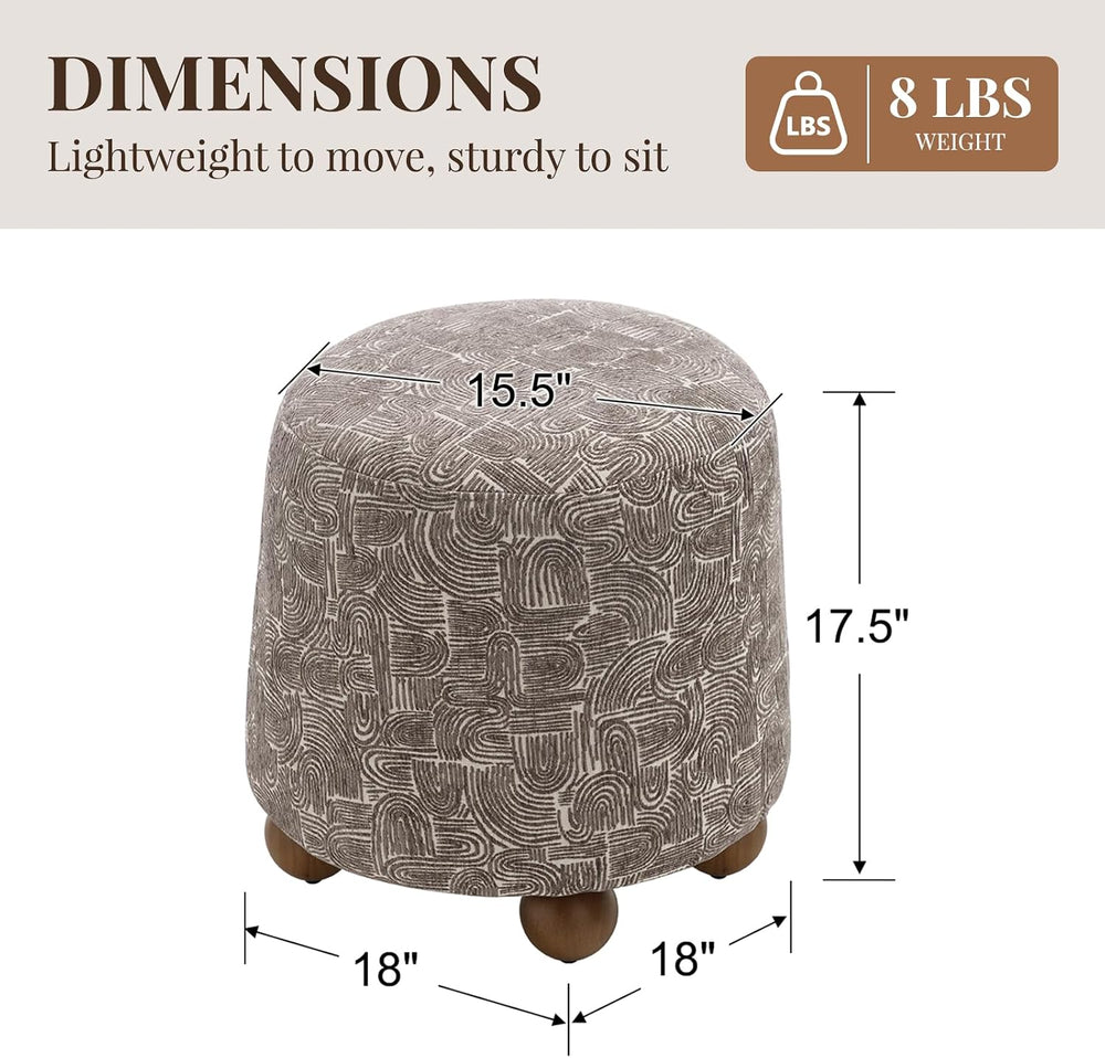 Hyfirm Round Ottoman for Living Room Boho Foot Stool with Rubberwood Legs