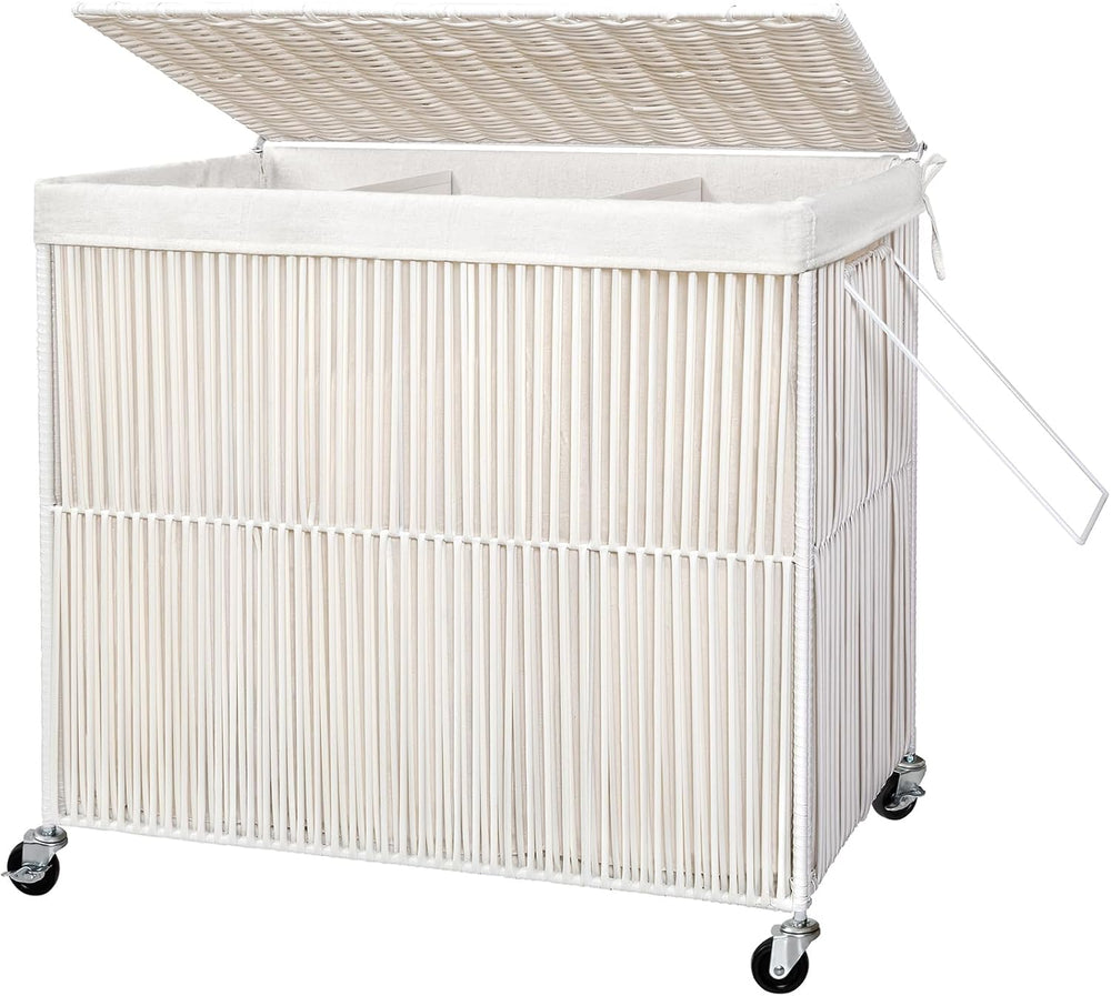 WOWLIVE Laundry Basket 3 Section, Handwoven Laundry Hamper with Wheels