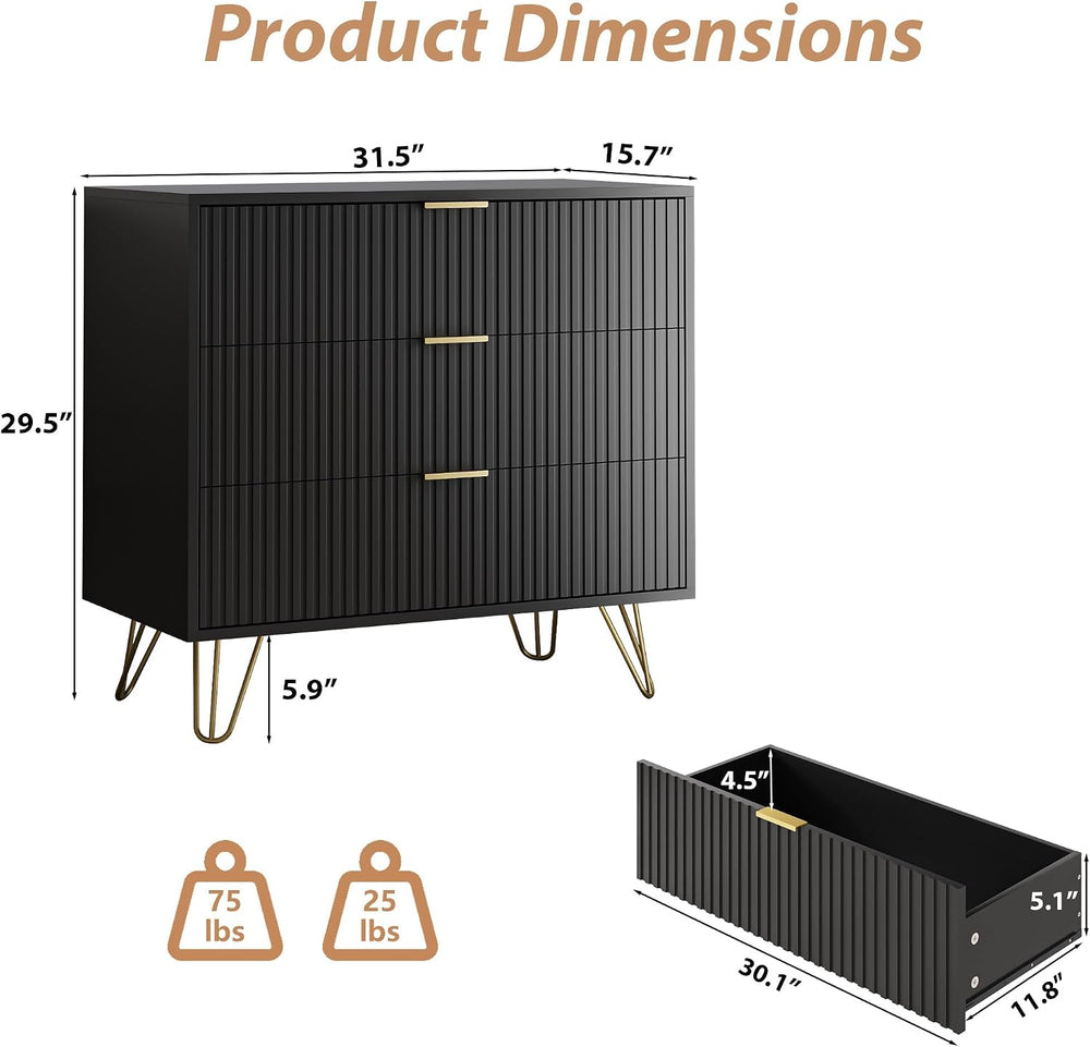 MAISONARIA Black 3 Drawer Dresser for Bedroom, Modern Closet Dressers Chest o...