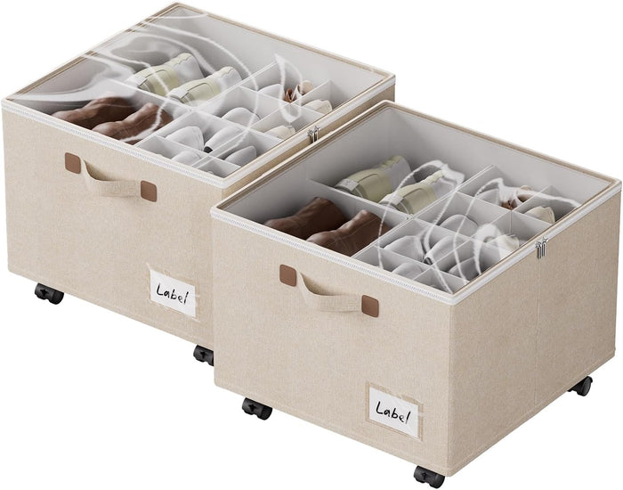 2 Pack Shoe Organizer for Closet, Storage Organizer Box with Wheels, Closet Shoe Organizer Fits up to 16 Pairs, Storage with Adjustable Dividers, Clear Cover Shoe Organizer Beige