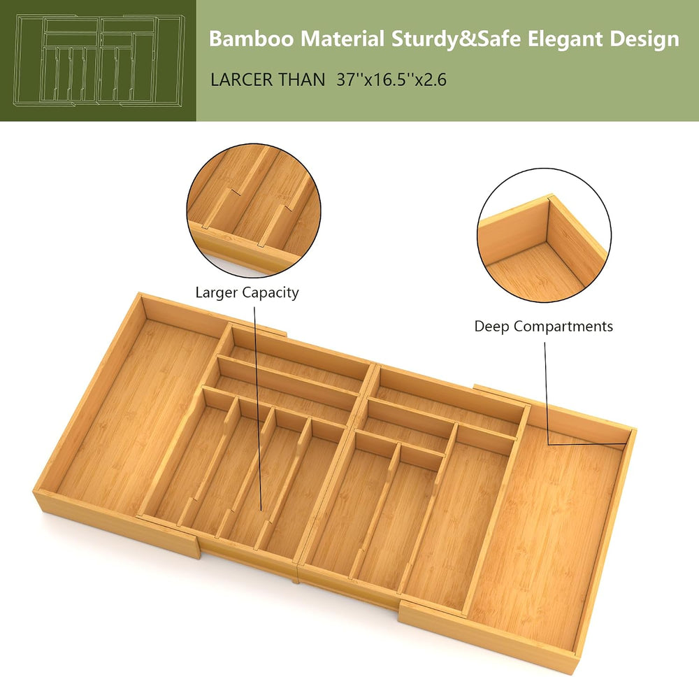 Suli Extra Large Silverware Drawer Organizer,Expandable 22in to 37in,Bamboo