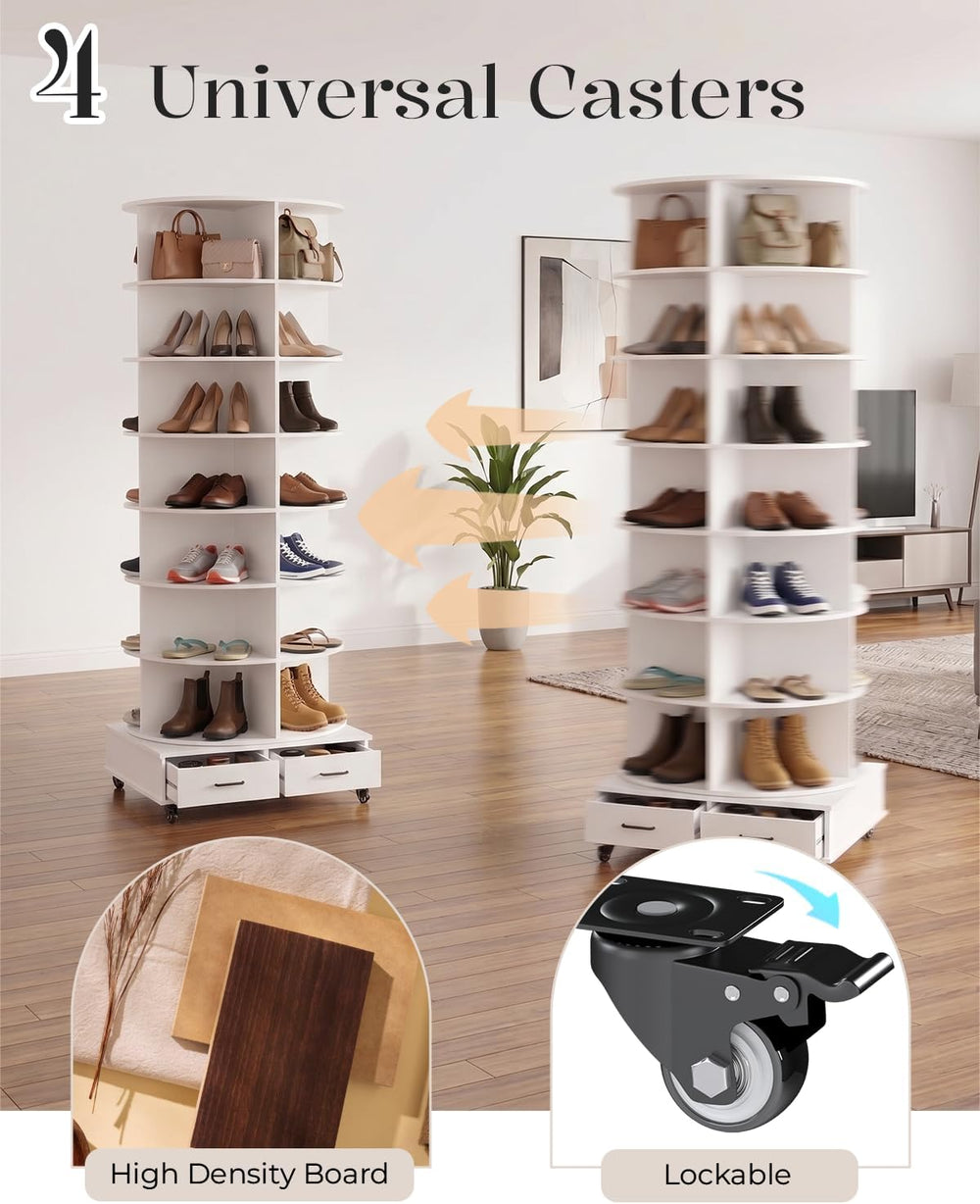 8 Tier Rotating Shoe Rack Contains 2 Drawers Shoe Tower Organizer
