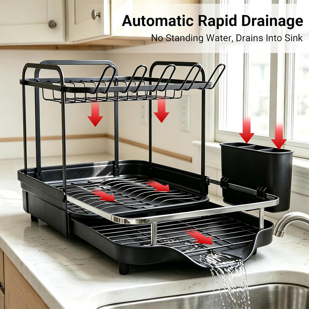 Dish Drying Rack for Kitchen Counter, Expandable 2-Tier Dish Drainer