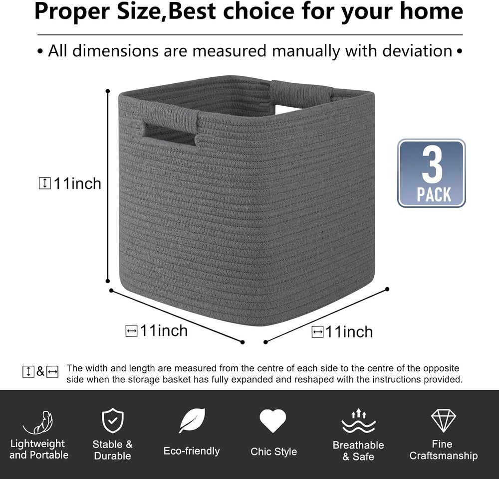 OIAHOMY Storage Cubes 11 Inch Storage Bins 3-Pack Square Baskets Dark Grey
