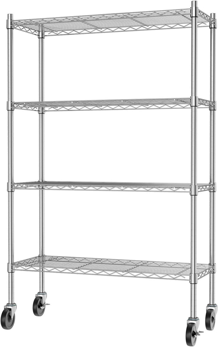 Auslar 4-Shelf Storage Shelves with Casters Heavy Duty 4 Tiers Rolling Cart Utility Racks Adjustable Wire Metal Shelving, Chrome