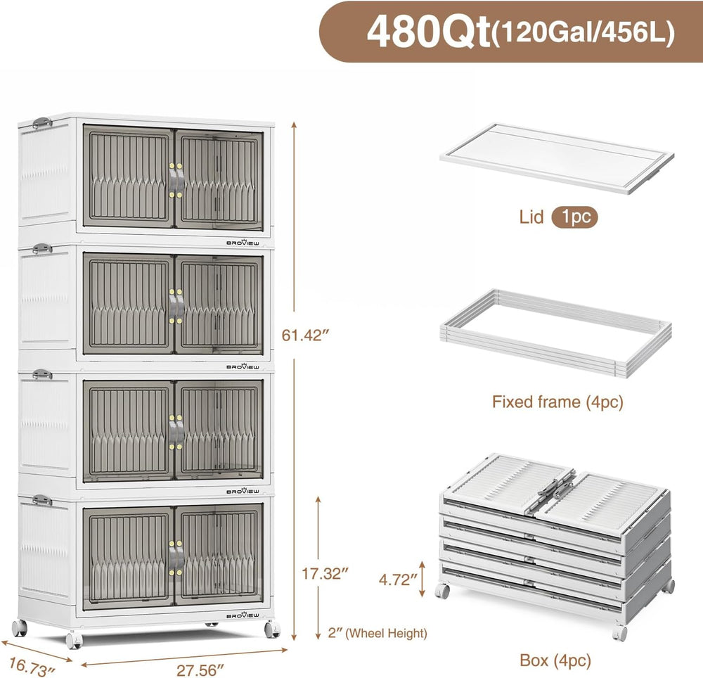 BROVIEW 480Qt Stackable Storage Bins with Lid for Home Dorm, 4Pack White