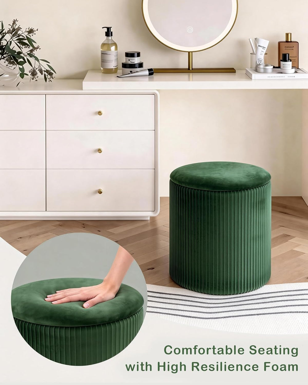 LITZFUR Round Ottoman with Storage, Velvet Foot Rest Stool, Green