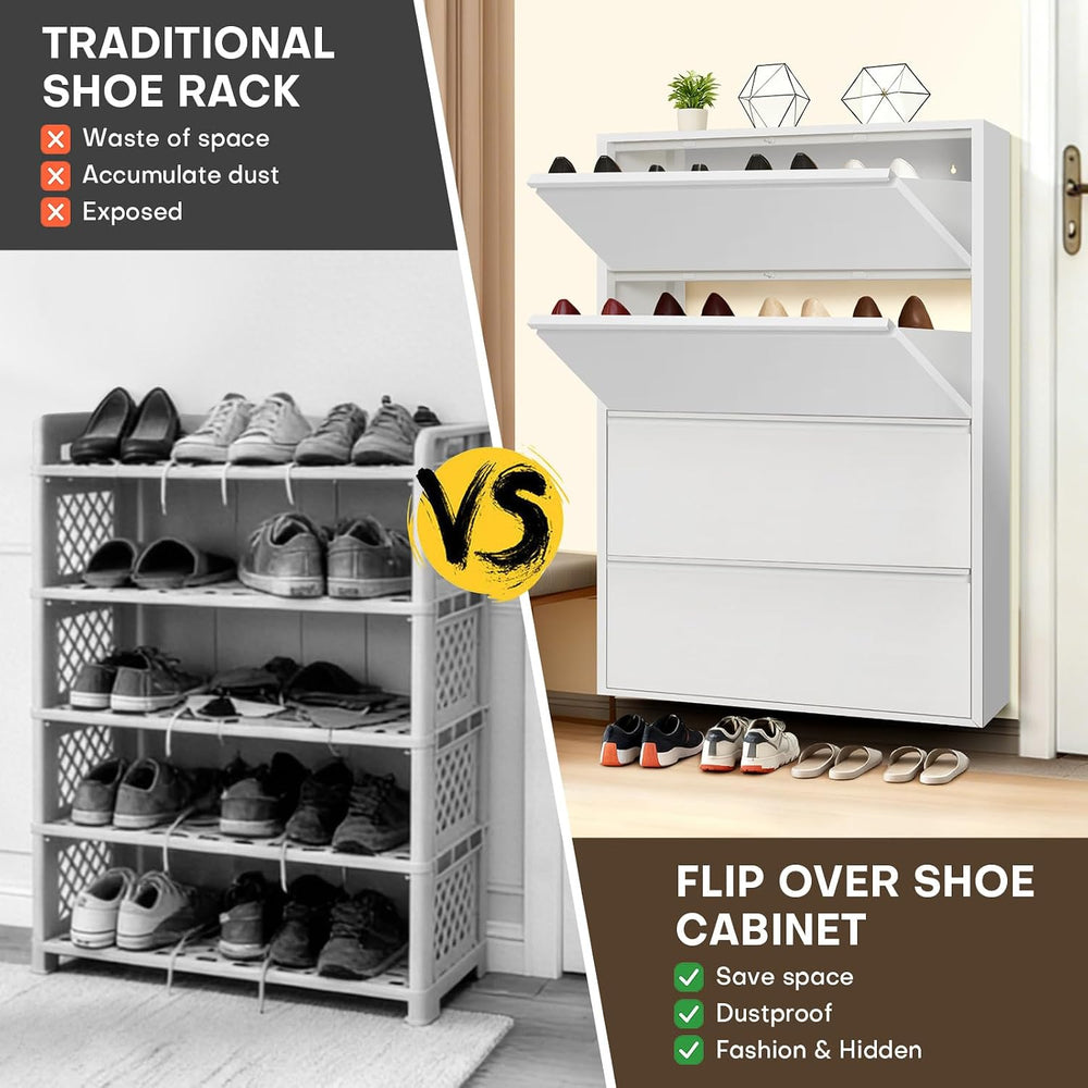 Shoe Storage Cabinet with 4 Flip Drawers, Hidden Slim Narrow Shoe Rack Cabine...