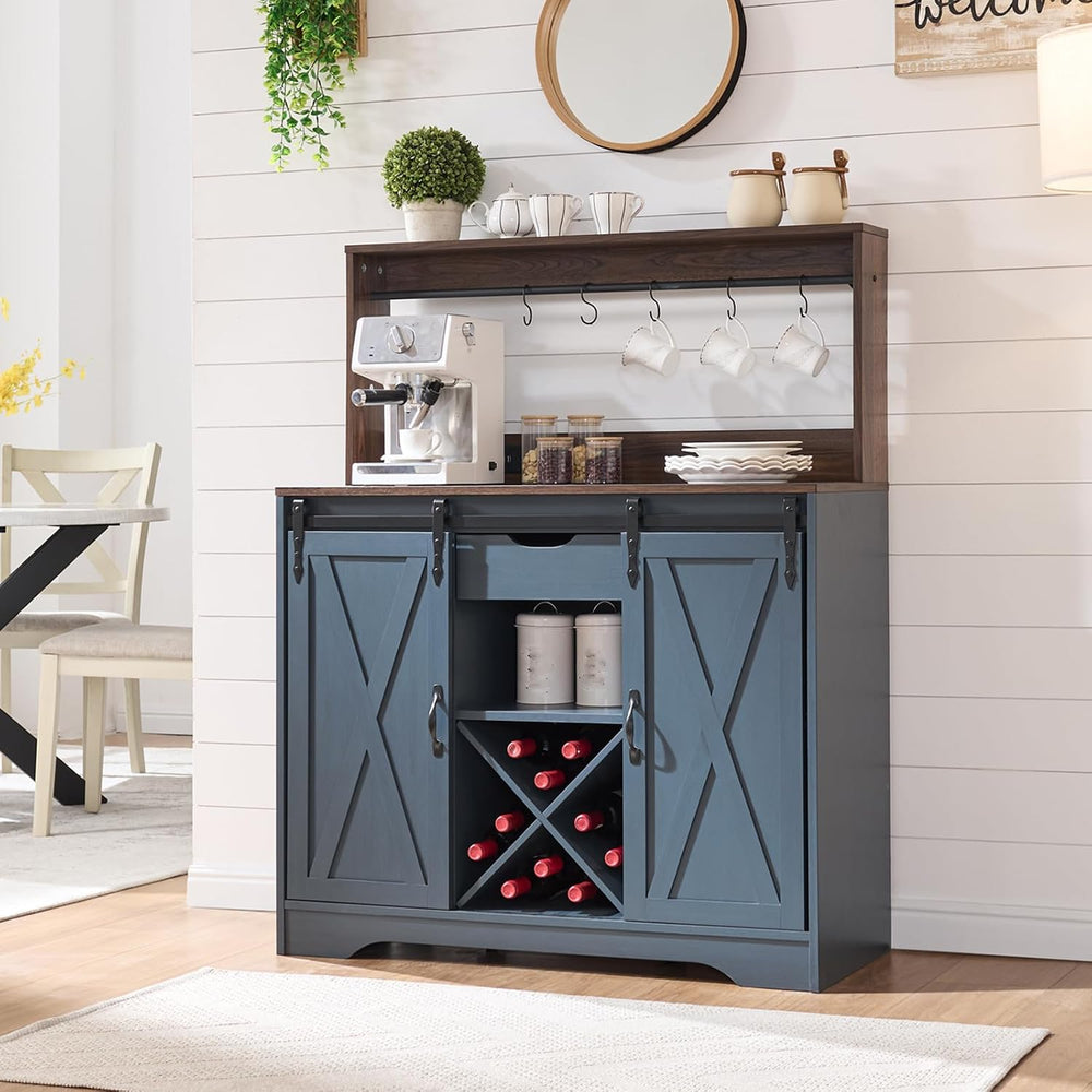 Wnutrees Farmhouse Coffee Bar Cabinet with Charging Station and USB, Blue