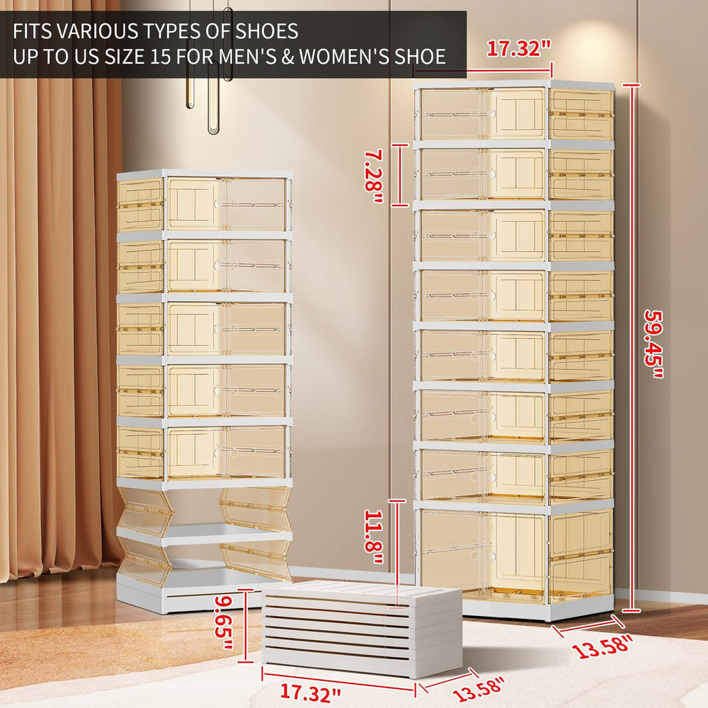 EHAMILY 8-Tier Foldable Shoe Rack Organizer with Doors, 16 Pairs, White