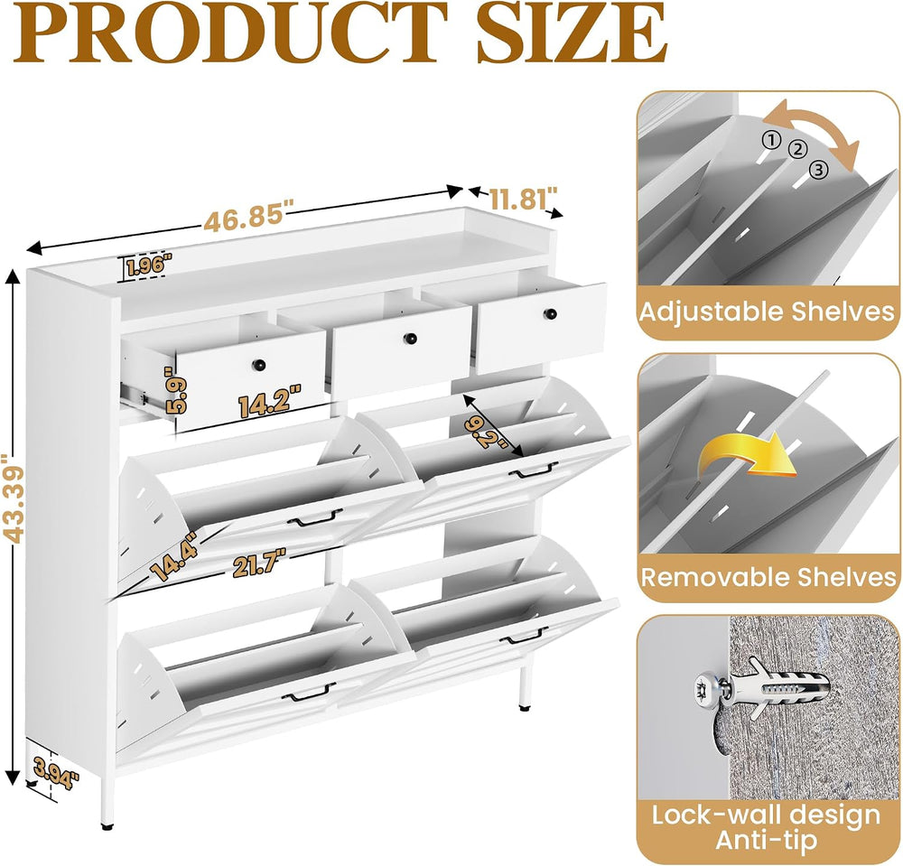 IKIMI White Metal Shoe Storage Cabinet with 4 Flip Drawers & 3 Top Drawers