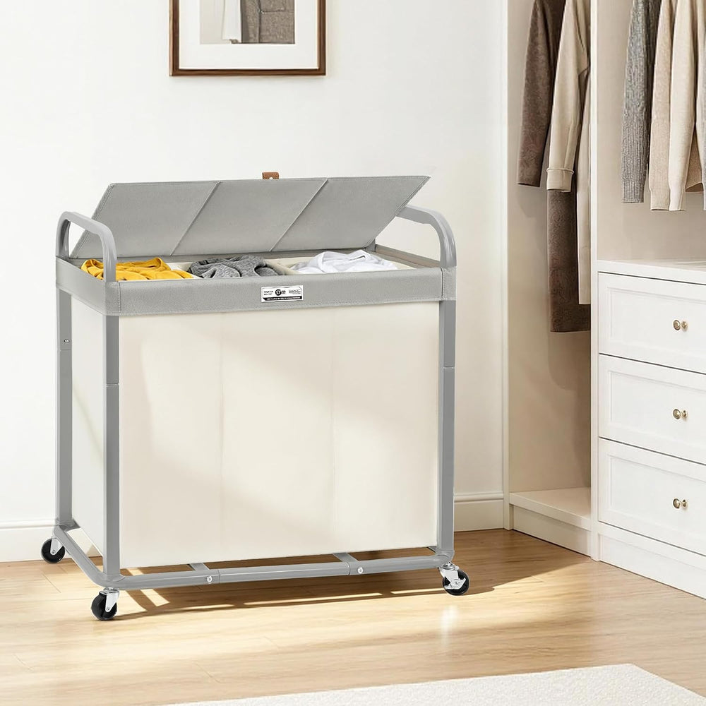 STORAGE MANIAC Laundry Hamper 3 Section with Lid Rolling Laundry Basket