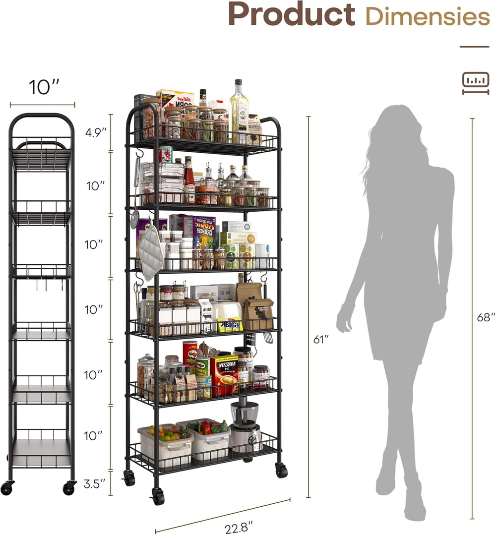 6 Tier Slim Storage Cart with Wheels, Metal Mobile Shelving Unit Organizer Ut...