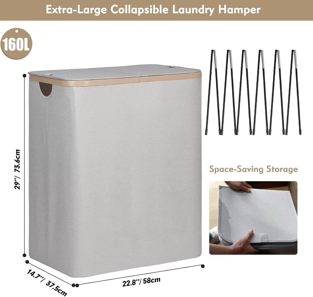 DOKEHOM 160L Double Laundry Basket Hamper with Lid & Removable Bags, Grey