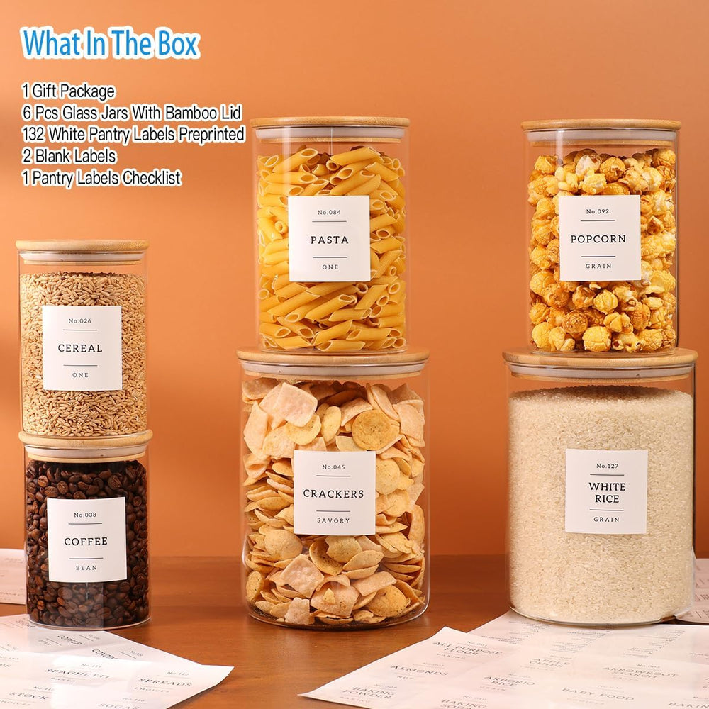 6-Pack Borosilicate Glass Storage Jars with Bamboo Lids + 132 Pre-Printed Pan...