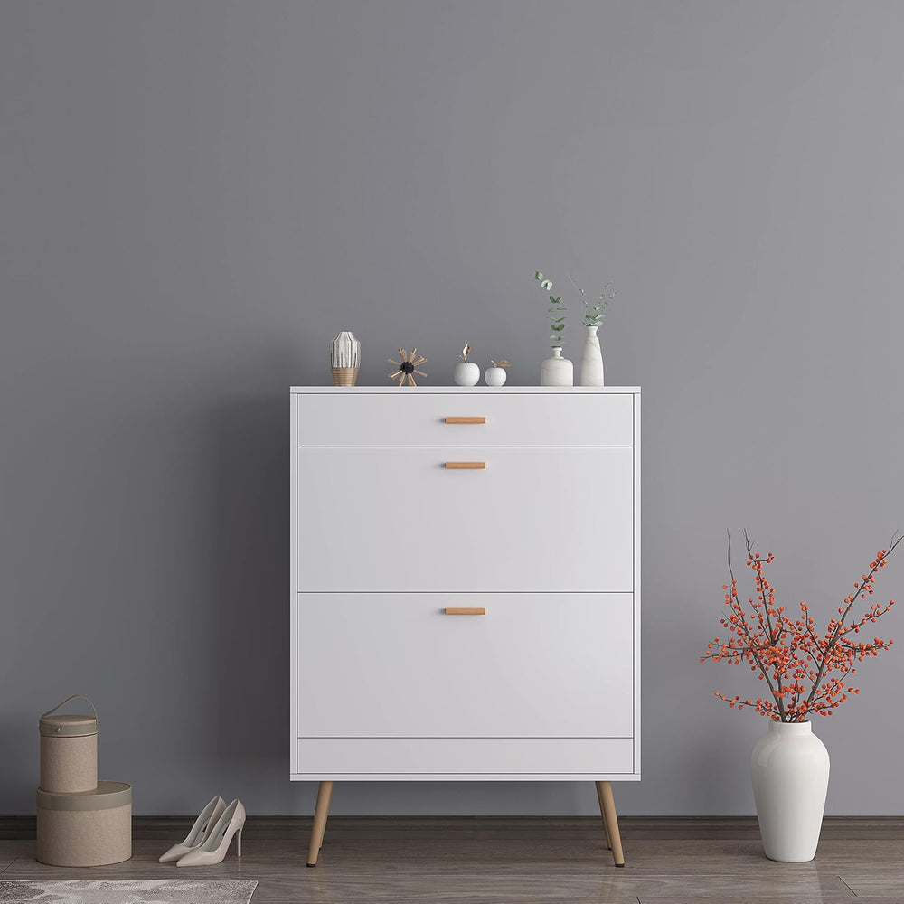 White Shoe Cabinets with 2 Flip Drawers, Tipping Bucket 2-Tier 16 Pairs Shoe ...