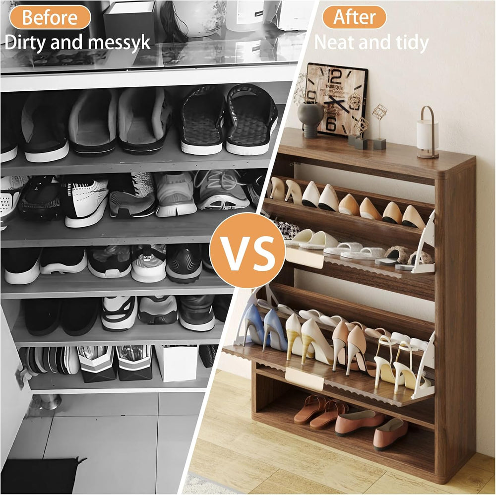 Fluted Shoe Cabinet Storage with 2 Flip Drawers, Narrow Shoe Storage Organize...