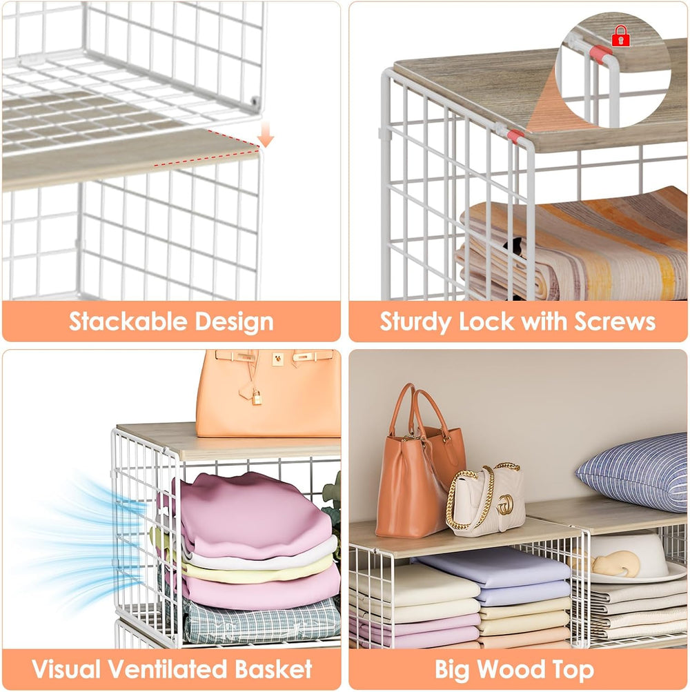 Hencawima 4 Pack Stackable Closet Storage Shelf Organizer Metal White