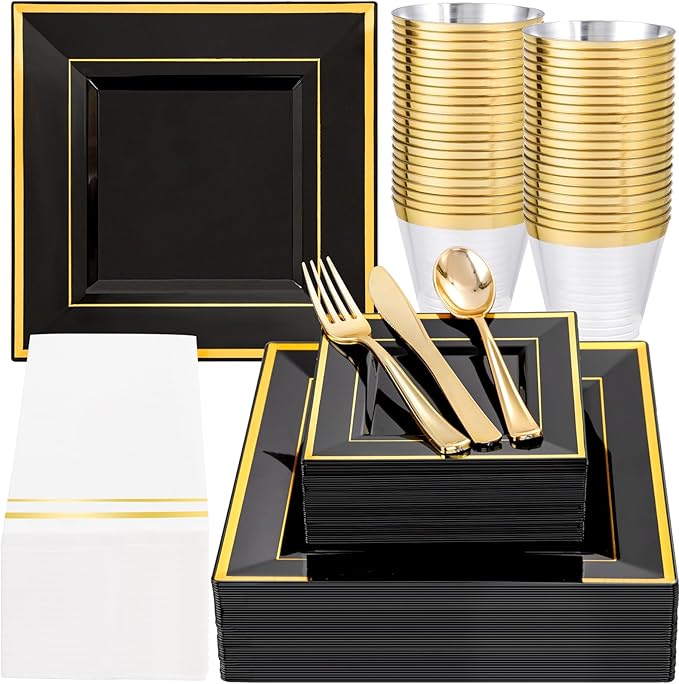 Festiva 350Pcs Black and Gold Plastic Plates-50Guests Disposable Square Black...