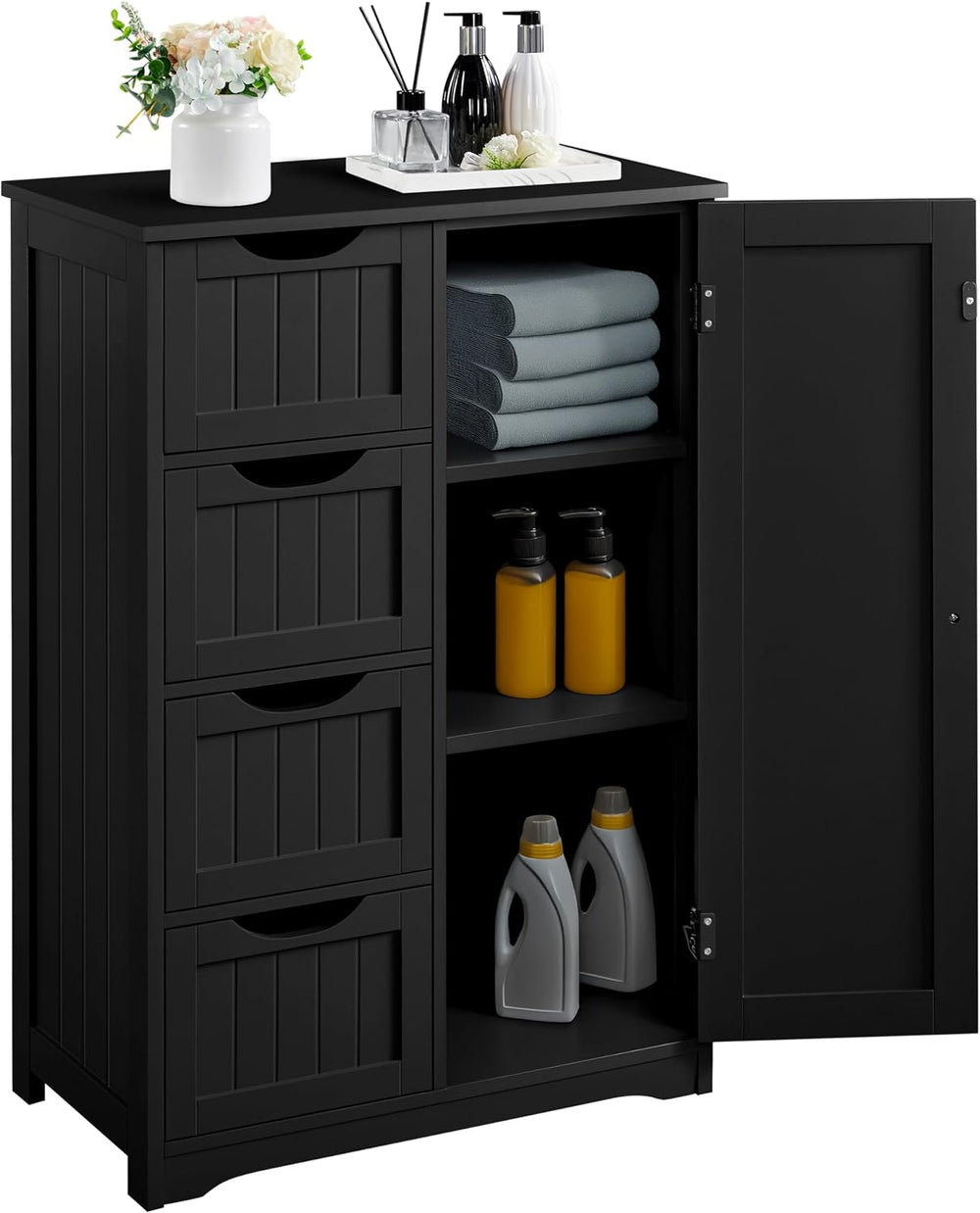 Yaheetech Small Bathroom Storage Cabinet with 4 Drawers & Door, Black